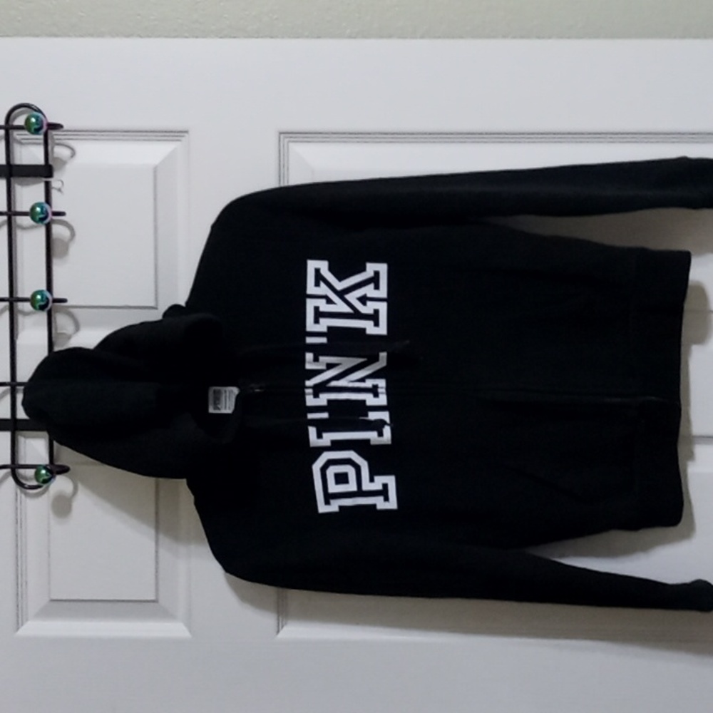 PINK full-zip soft fleece black hoodie. XSmall